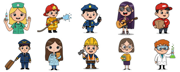 Set of vector cartoon child characters in various professional outfits, isolated on transparent background