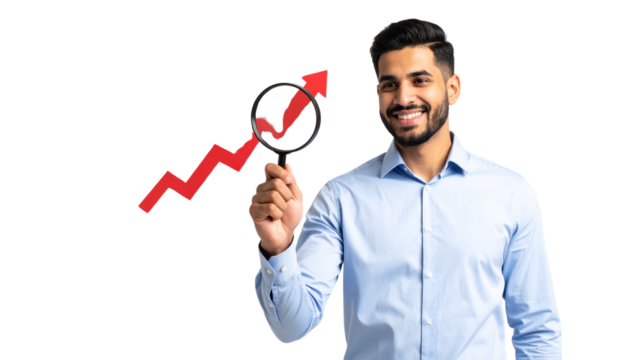 Man looking at red graph through a magnifying glass. Modern collage style isolated on solid white background