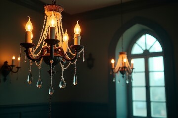 Two ornate chandeliers illuminate a quiet room with large arched windows, creating a calm ambiance.