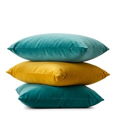 "Stack of Colorful Velvet Throw Pillows – Teal and Yellow Decorative Cushions on White Background"