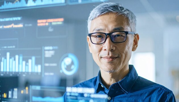 Asian businessman smiling in front of a holographic interface, demonstrating business technology and data analysis - Powered by Adobe