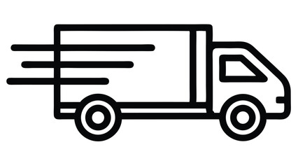 A minimalist black line icon of a fast-moving delivery truck. Graphic represents express shipping, rapid logistics, and quick transportation for commercial freight services.