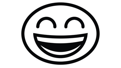 Laughing face emoticon icon in a simple black outline style. Minimalist line art concept of a circular head with a joyful expression, symbolizing happiness, amusement, and positive feelings.