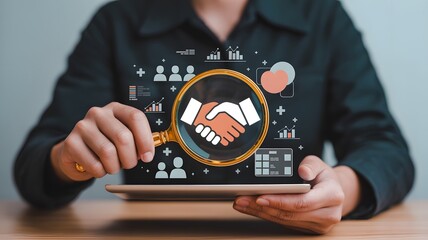 Seeking strategic partnerships and business growth with magnifying glass on handshake deal icon