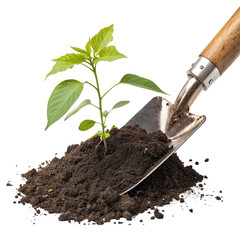 Isolated image of a shovel in rich garden soil, nurturing a young sprout for new growth