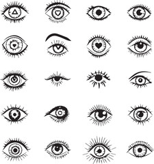 "Stylized Eye Silhouette Vector Set – Diverse Artistic Eye Icons with Decorative Minimal Line Designs"