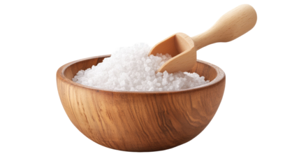Wooden Bowl Filled with Coarse White Salt Isolated on White Background