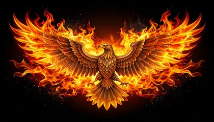 A powerful illustration of a legendary golden phoenix with burning wings. A mythical firebird symbolizing rebirth and eternal life on a black background.