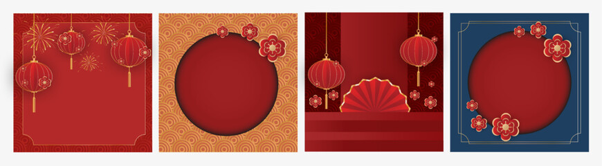 Lunar New Year designs: lanterns, flowers, red,gold. Text space included! Festive backgrounds,templates.  Chinese, New Year, Lantern, Floral. Use for cards, banners and more!