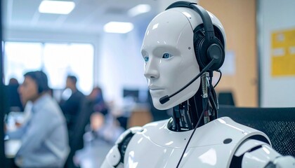 A humanoid robot wearing headset in modern office setting with co-workers, looking serious and focused. The image conveys a sense of technological advancement