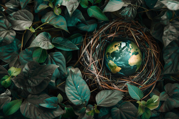 Planète Terre placée dans un nid au cœur d’un feuillage dense, représentation symbolique de la protection de l’environnement pour la Journée de la Terre le 22 avril