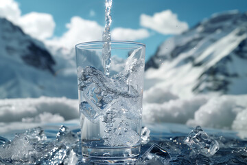 Verre d’eau rempli avec des glaçons au premier plan de montagnes enneigées, représentation d’une eau de source naturellement filtrée par les glaciers