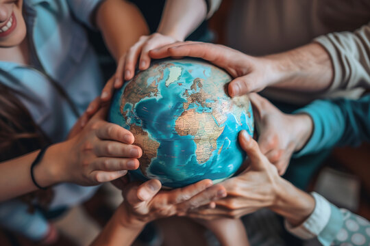 Plusieurs mains d&rsquo;&acirc;ges et origines diff&eacute;rentes tenant ensemble un globe terrestre, symbole de solidarit&eacute; et de responsabilit&eacute; pour la protection de la plan&egrave;te &agrave; l&rsquo;occasion de la Journ&eacute;e de la Terre le