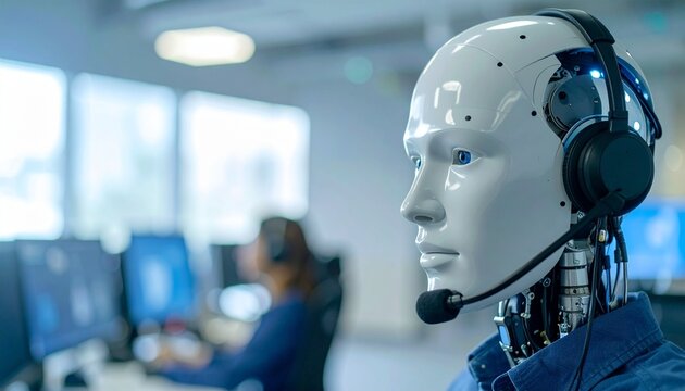 A futuristic robot in a call center, wearing a headset and appearing attentive, surrounded by monitors