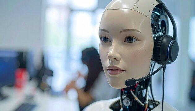 A close-up shot of an android with headphones in a modern office setting - Powered by Adobe