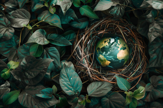 Planète Terre placée dans un nid au cœur d’un feuillage dense, représentation symbolique de la protection de l’environnement pour la Journée de la Terre le 22 avril