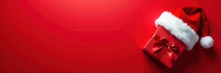Red background, Santa hat, gift box banner, top view, box, fun, online