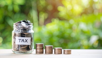 Tax jar and coin stacks demonstrating tax and financial planning. A jar labeled TAX sits filled with coins, with additional stacks beside.