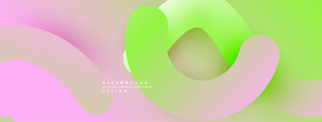 Abstract fluid shapes blend pastel pinks, greens, yellows. Soft gradients create dynamic background design. Minimal text present.