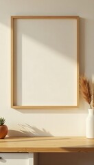 Simple empty wood frame above kitchen table against beige wall , home interior, beige wall, background