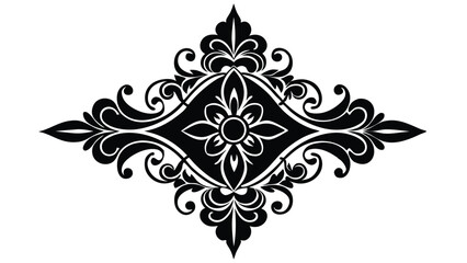 Elegant black and white ornamental design featuring symmetrical floral elements and intricate scrolling patterns for decorative use.