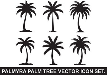Fototapeta premium Palmyra Palm Tree Silhouette Vector Icon Set – Tropical Palm Collection in Black.