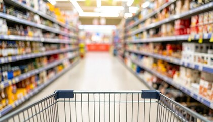 Shopping cart view in a supermarket, looking at product shelfs. The image highlights the wide variety of goods