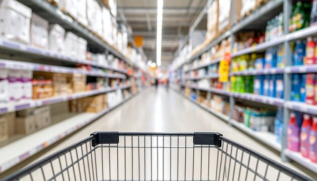 A supermarket aisle with an empty shopping cart, inviting the viewer to shop. Shelves are stocked with various items, while the cart is ready for goods
