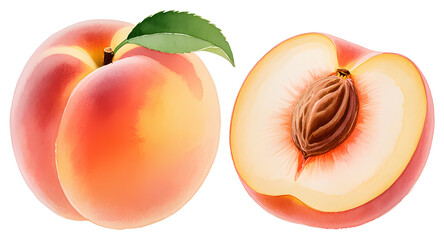 watercolor illustration of isolated peaches with leaves