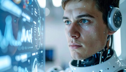 A person with futuristic technology observing interface screens, in a technological and futuristic laboratory.