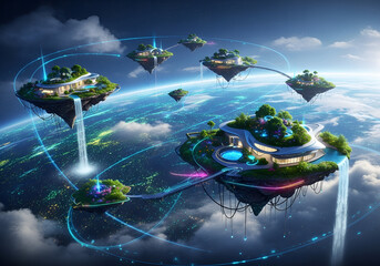 A utopian vision of luxury living on interconnected futuristic floating islands with waterfalls, orbiting the Earth in a digital network.