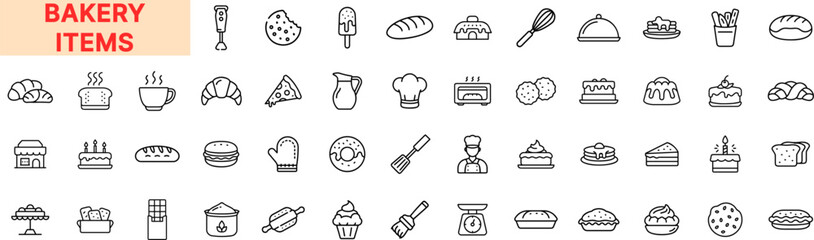 Bakery Items Outline Icon Set Featuring Bread, Cake, Cupcake, Donut, Rolling Pin, Mixer, Oven, Croissant, Cookie, Pie, Whisk, Muffin, and Chef Hat Elements Icon Design