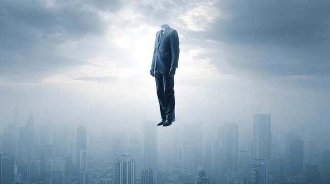 Headless Man Levitating Over Cityscape