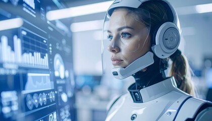 A futuristic woman wearing a virtual reality headset and looking at a digital display