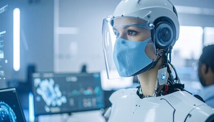 A robot with protective face gear, likely in a laboratory or research setting, suggesting a focus on science and technology 