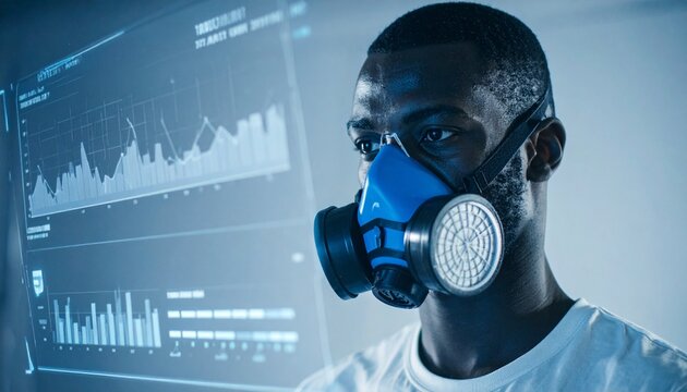 Scientist Wearing a mask and analyzing data on a large screen - Powered by Adobe