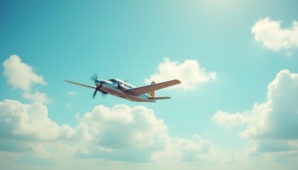 Fototapeta premium A vintage silver airplane soaring through a clear blue sky dotted with fluffy white clouds on a sunny summer afternoon.