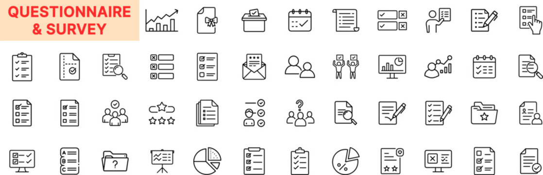 Questionnaire and Survey Outline Icon Set Featuring Checklist, Pie Chart, Clipboard, Form, Rating Stars, Answer Box, User Feedback, Data Report, Poll Graph, and Interview Elements Icon Design