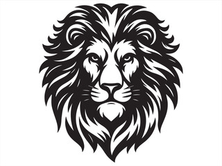 Majestic Lion Face Front View - Black and White Vector Line Art Illustration