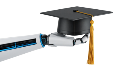 Robotic hand holding a graduation cap, symbolizing education and technology