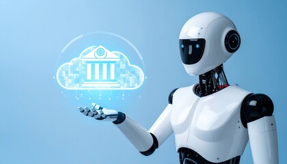 A futuristic robot holding a cloud with a bank symbol, symbolizing AI and digital banking