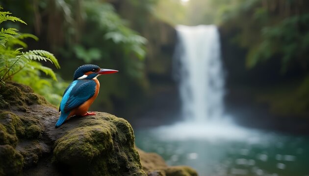A common kingfisher resting on a rocky outcrop near a waterfall, surrounded by ferns and moss in a temperate rainforest.