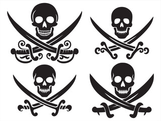 Pirate Skull with Crossed Swords - Jolly Roger Black and White Vector Illustration