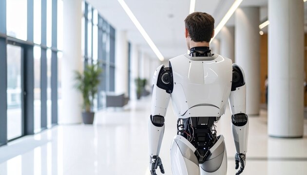 A humanoid robot walking confidently down a brightly lit hallway, with a modern architectural design - Powered by Adobe