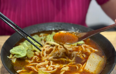 Taiwanese delicious vegetarian spicy noodle soup lunch