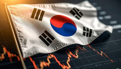 South Korean flag prominently displayed against a background of financial data, symbolizing national economy and market trends