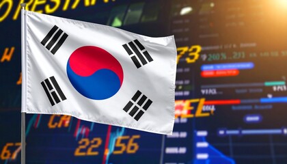 South Korean flag fluttering in front of a financial data chart. The image showcases a vibrant flag of South Korea set against a backdrop of a dynamic stock market display