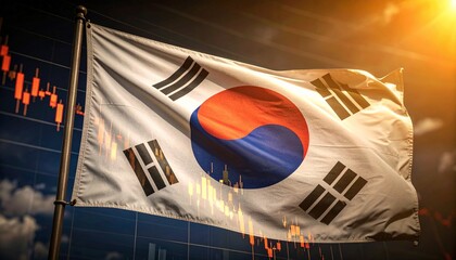 The South Korea flag fluttering, with a backdrop of financial charts