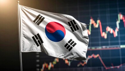 A South Korean flag fluttering in the wind against a backdrop of stock market charts. The flag symbolizes the nation, and the charts suggest economic activity.