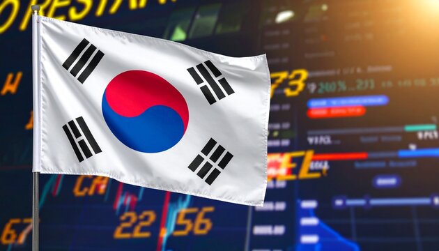 South Korean flag fluttering in front of a financial data chart. The image showcases a vibrant flag of South Korea set against a backdrop of a dynamic stock market display